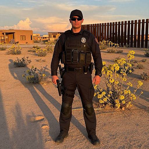 Photograph of a male police officer in black uniform and sunglasses, standing in a desert with yellow shrubs, wooden fence, and sunset sky.