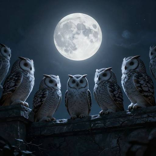 Photograph of six owls perched on a dark, rocky ledge under a glowing full moon in a night sky.