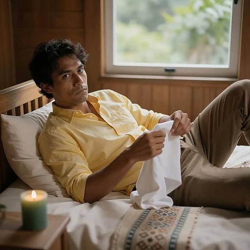 Intense Man on Wooden Bed