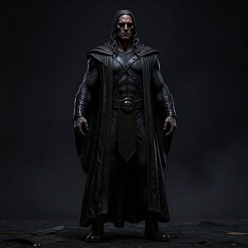 Photograph of a muscular, dark-haired man in a black, gothic-style robe with metallic accents, standing against a black background. His intense expression