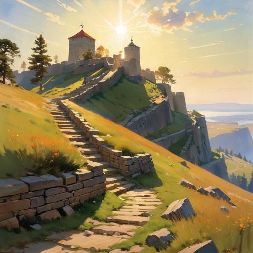 Sunlit Castle on Hilltop with Stone Stairway