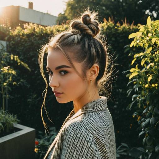 Young Woman with Braided Top Knot Hairstyle in Garden