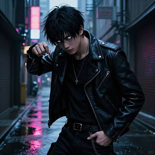Digital anime-style drawing of a dark-haired, blue-eyed young man in a black leather jacket and shirt, standing in a neon-lit, rainy alley