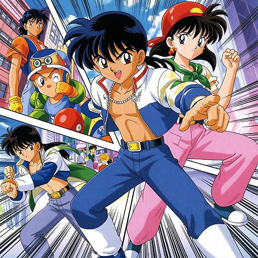 Dynamic anime illustration featuring a muscular, black-haired hero with open shirt, blue pants, and necklace, surrounded by energetic, colorful characters. Action-packed,