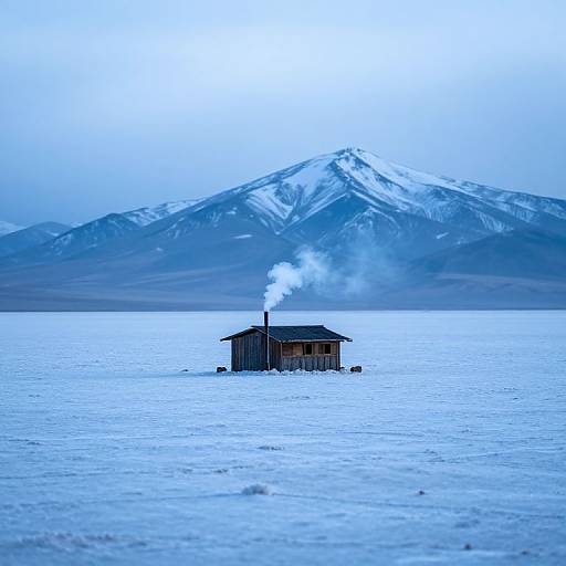 Photograph of a small wooden cabin with smoke rising, floating on a vast, blue lake with a snow-capped mountain in the background.