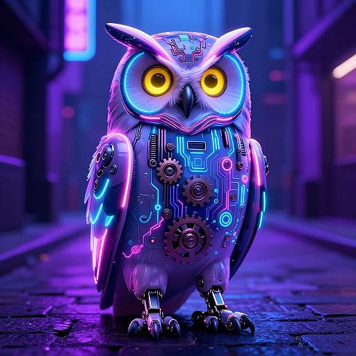 Neon-lit, cyber owl with glowing yellow eyes and circuitry-patterned feathers stands on a futuristic, purple-lit street. Digital CGI artwork