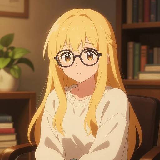 Anime-style digital drawing of a blonde girl with long hair, large glasses, and a white sweater, sitting in a cozy, book-filled room. Warm