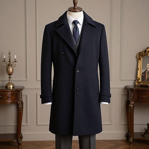 Photograph of a black overcoat on a mannequin, centered in an elegant room with white paneled walls, wooden furniture, and a brass