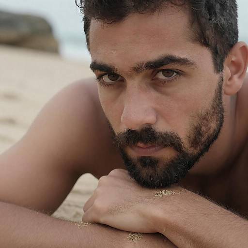 Intense Gaze of a Bearded Man on Beach