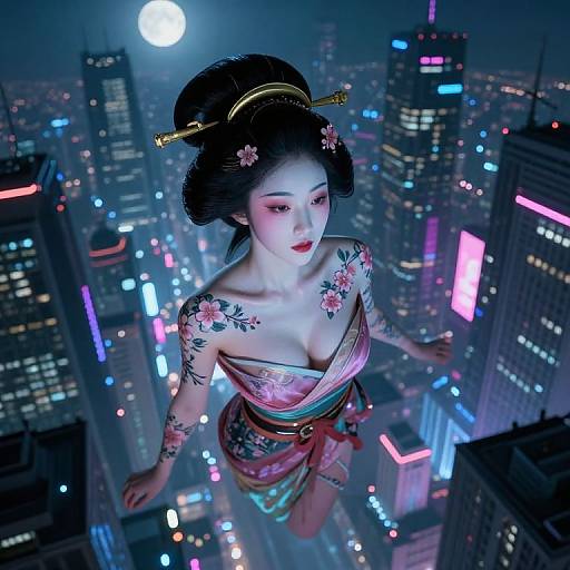 Cyberpunk Geisha with Cherry Blossom Tattoos