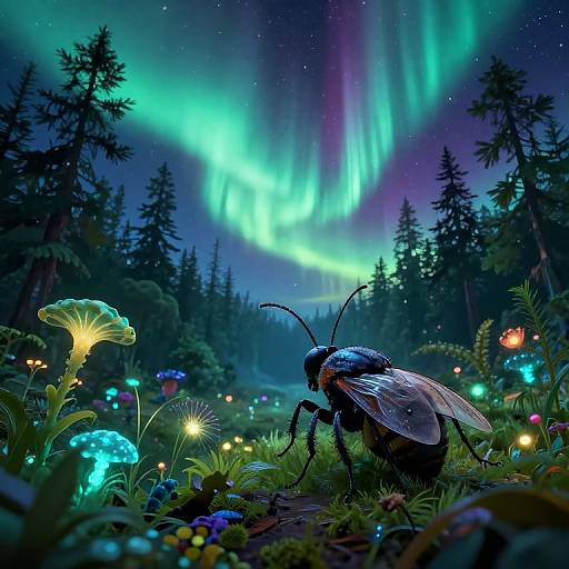 Photorealistic digital artwork of a glowing insect with translucent wings in a vibrant, magical forest under the Northern Lights, surrounded by glowing mushrooms and colorful flora
