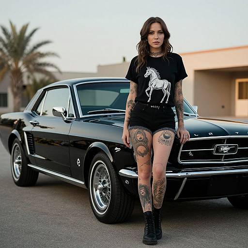 Tattooed woman in black T-shirt and shorts stands confidently in front of a sleek black muscle car, palm trees in background. Photograph.