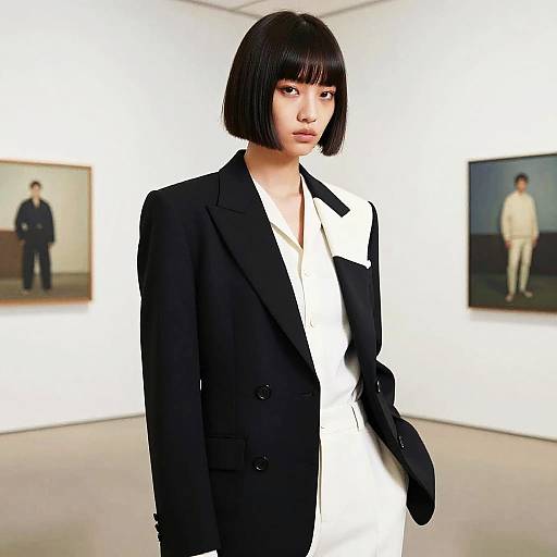 Fashion influencer with bob cut in avant-garde suit
