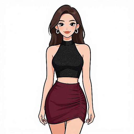 Digital anime-style drawing of a smiling young woman with long brown hair, wearing a black halter top and maroon skirt, white background.
