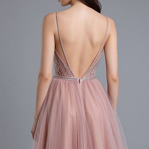 Photograph of a woman from behind wearing a pink, backless, lace-embellished, tulle ball gown against a plain blue background.