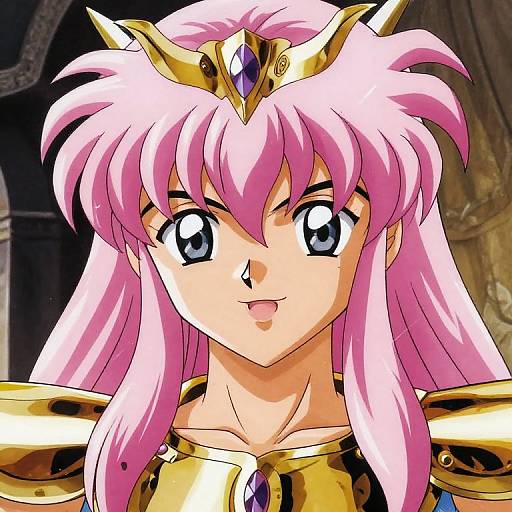 Anime-style digital drawing of a pink-haired, blue-eyed character with a golden crown, wearing ornate gold armor, smiling subtly. Background is dark and