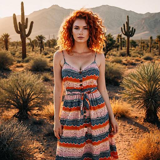Redhead Woman in Colorful Sundress in Desert