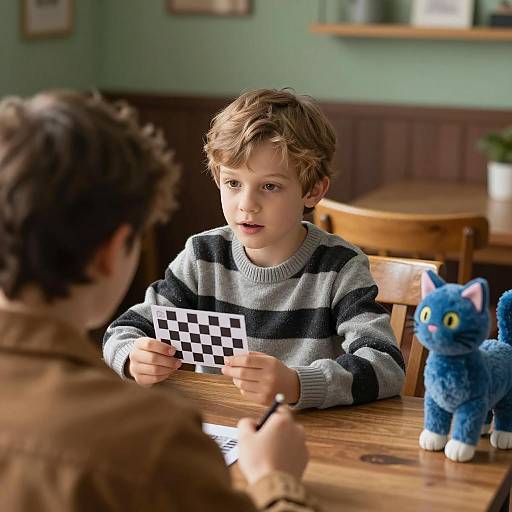 Young Boy with Checkered Card at Table