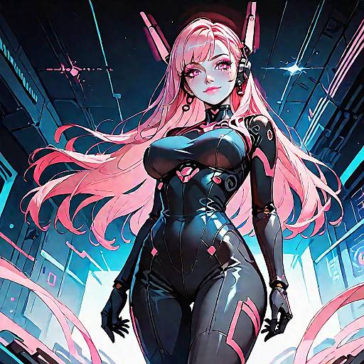 Futuristic Android with Pink Hair in Black Bodysuit