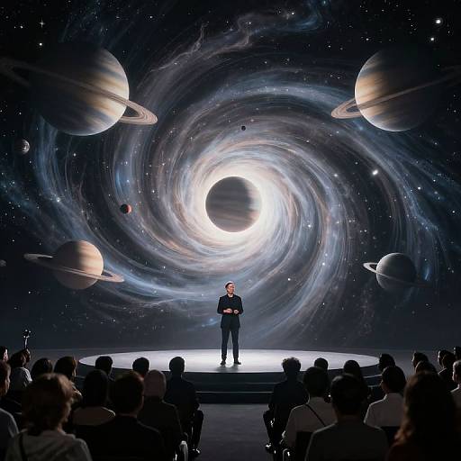 Photograph of a man standing on stage, silhouetted against a vivid, swirling space backdrop with planets and galaxies, speaking to an audience in