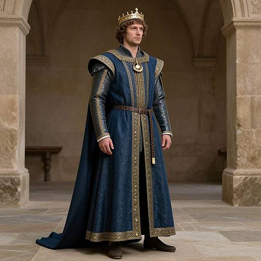 Photograph of a young man in a medieval-style blue velvet robe with gold trim, crowned with a gold crown, standing in a stone archway.