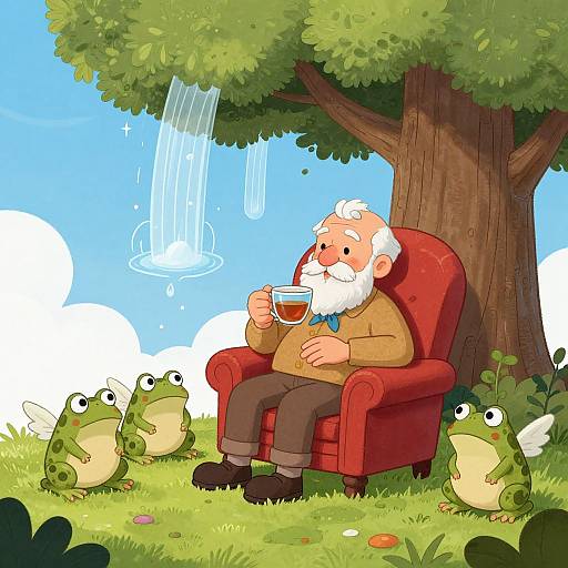 Cartoon image: Bald, white-bearded man sips tea in red chair, surrounded by three green frogs under a tree with a waterfall. Bright