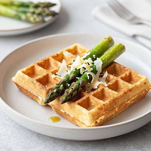 Photograph of a golden waffle topped with grilled asparagus and shaved Parmesan cheese on a white plate, with a blurred background.
