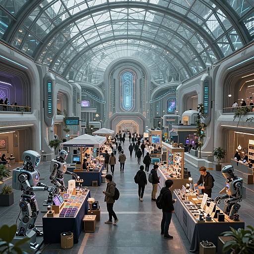 Photograph of a bustling, futuristic indoor market with glass dome ceiling, robotic vendors, shoppers, and illuminated stalls in a grand, elegant hall.