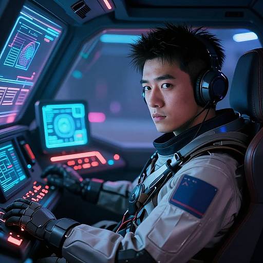 Photograph of an Asian male pilot in a futuristic cockpit, wearing a white spacesuit with an American flag patch, black spiky hair, and headphones