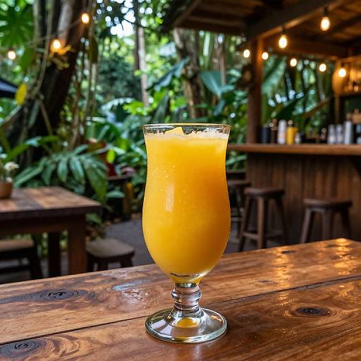 Photograph of a vibrant orange cocktail in a tall, clear glass on a rustic wooden table, set in a lush, tropical outdoor bar with string lights