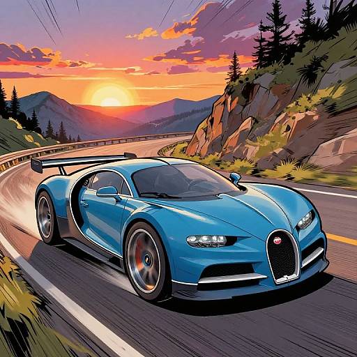 Digital illustration of a sleek, blue Aston Martin racing on a winding mountain road during a vibrant sunset, with dramatic clouds and rocky hills in the background.