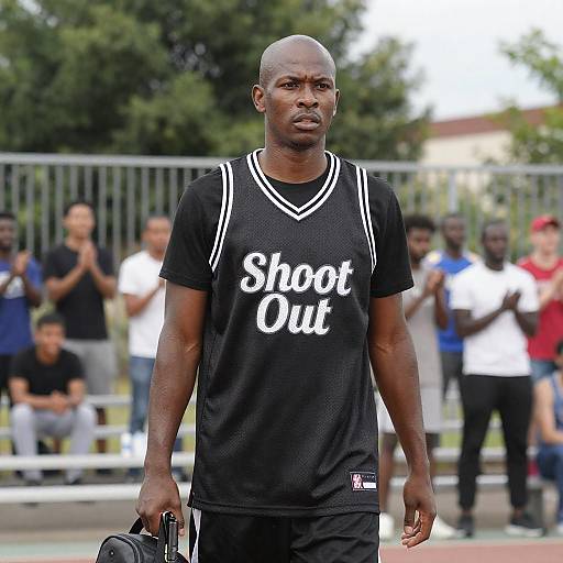 Intense Bald Man in Busy Stadium