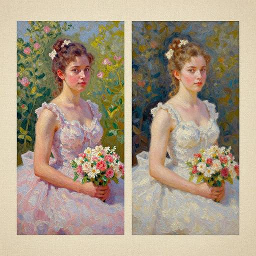 Impressionist-style painting of a young woman in a white, lace-trimmed wedding dress, holding a bouquet of flowers, with two backgrounds: