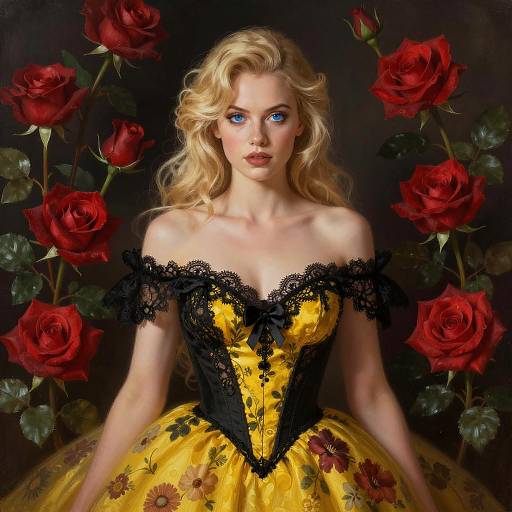 Blonde Woman in Floral Gown with Red Roses