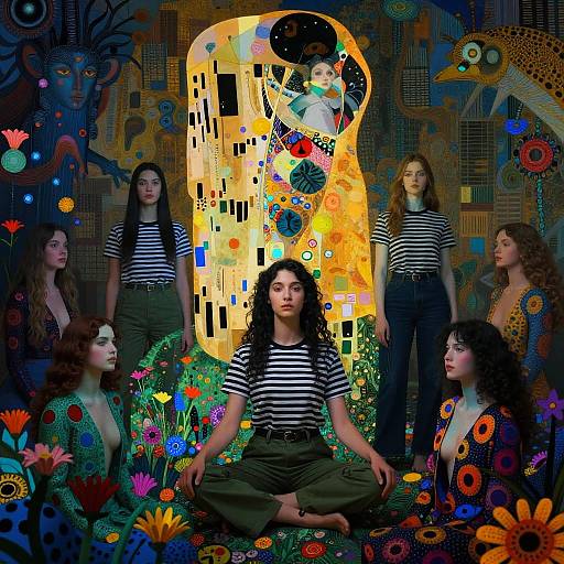 Surreal Women in Striped Shirts and Floral Fantasy