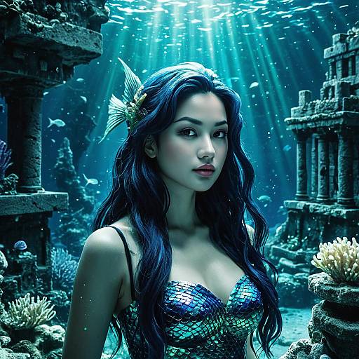 Mysterious Mermaid in Underwater Ruins