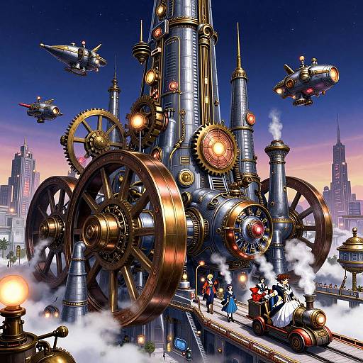Steampunk cityscape illustration: massive gears and cogwheels, towering metallic structures, flying zeppelins, steam clouds, diverse characters,