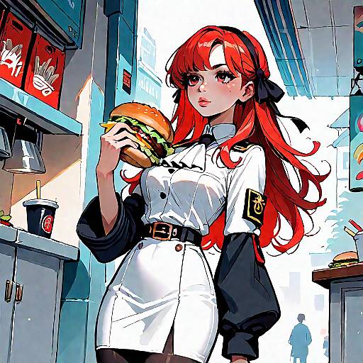 Digital anime-style illustration of a red-haired woman in a white uniform, holding a burger, standing in a brightly lit kitchen.