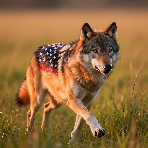 Photograph of a wolf with an American flag pattern on its back, running through a sunlit grassy field, eyes focused.