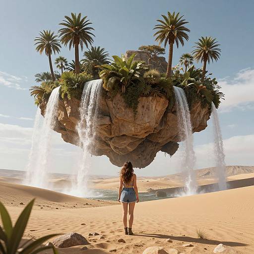 Woman Facing Floating Island with Waterfalls in Desert