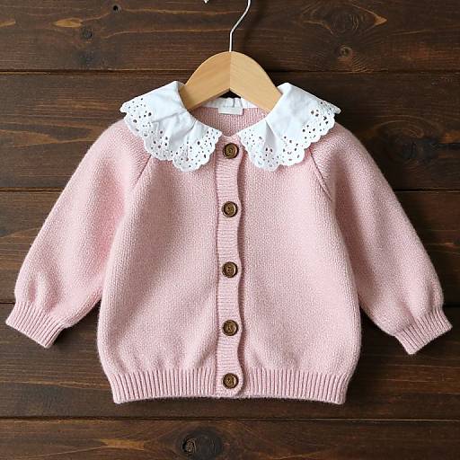 Photograph of a pink knitted baby cardigan with white lace collar, brown buttons, hanging on a wooden hanger against a dark wooden background.