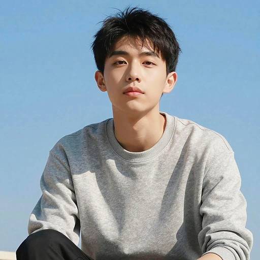 Photograph of a young Asian man with short black hair, wearing a gray sweatshirt, against a clear blue sky. He has a neutral expression and