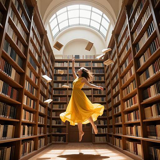 Photograph of a woman in a yellow dress joyfully leaping among floating books in a sunlit, grand library aisle.