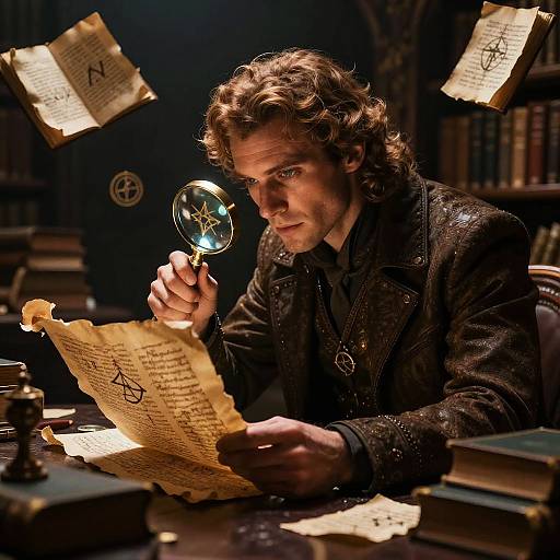 Photograph of a curly-haired man with intense expression, wearing a dark, textured coat, using a magnifying glass on ancient parchment, surrounded by floating