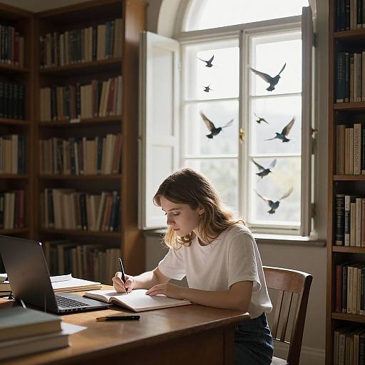 Photograph of a young woman with wavy brown hair, wearing a white t-shirt, writing in a notebook at a wooden desk in a sunlit