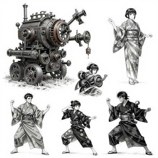 Digital artwork of a Japanese man in various dynamic poses with a large, detailed steam engine; monochrome style, traditional kimono.