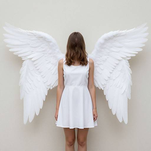 Photograph of a woman with white angel wings, wearing a white sleeveless dress, standing against a plain white background.