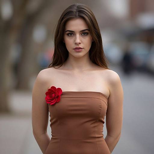 Photograph of a young woman with long brown hair, wearing a strapless brown dress with a red rose flower on the left, standing in a blurred