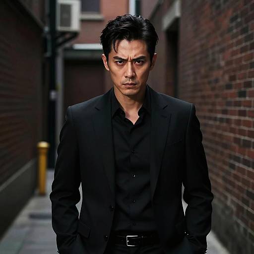 Stern Man in Noir Alleyway Scene