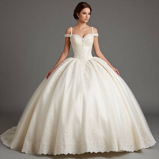 Photograph of a fair-skinned woman with dark hair in an off-shoulder, white lace and satin ballgown wedding dress, standing against